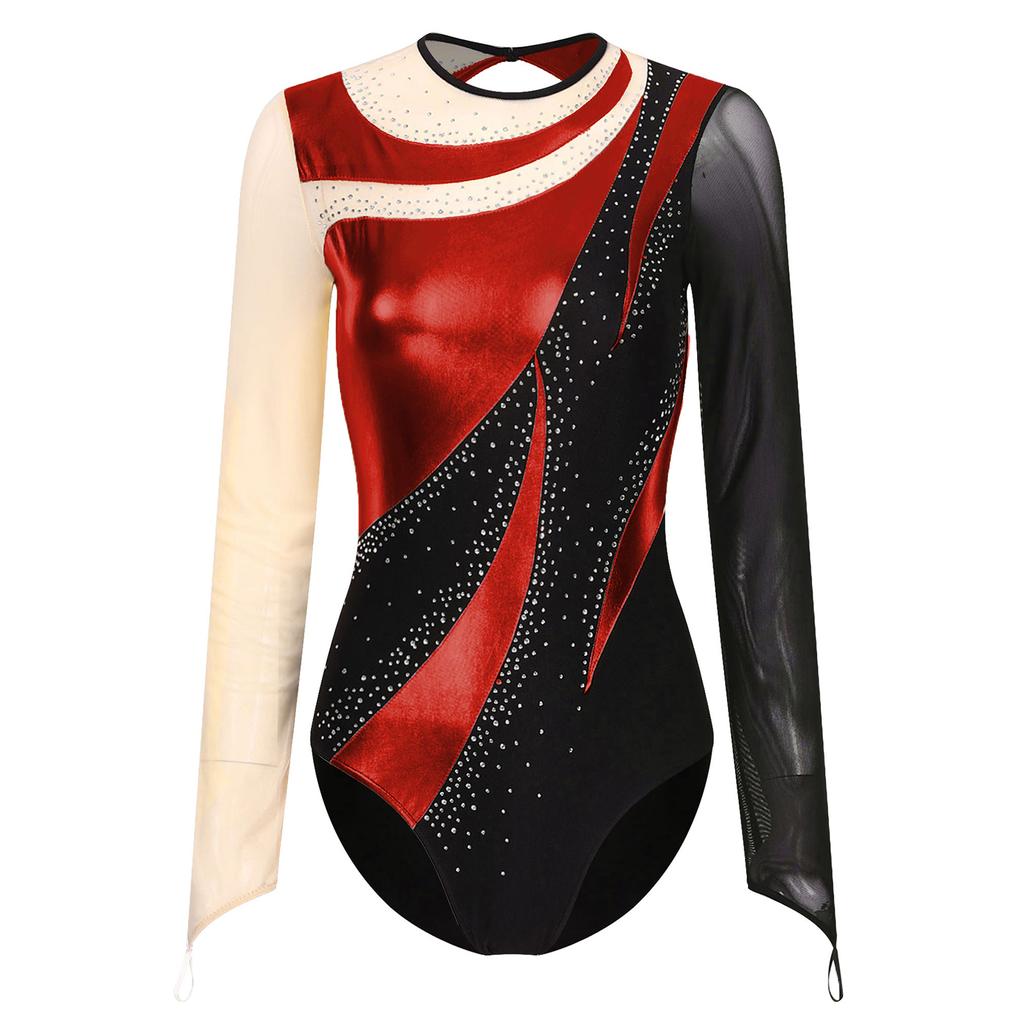 Womens Gymnastics Leotard Metallic Contrast Color Patchwork Sheer Mesh Long Sleeve Cutout Back Rhinestones Dancewear