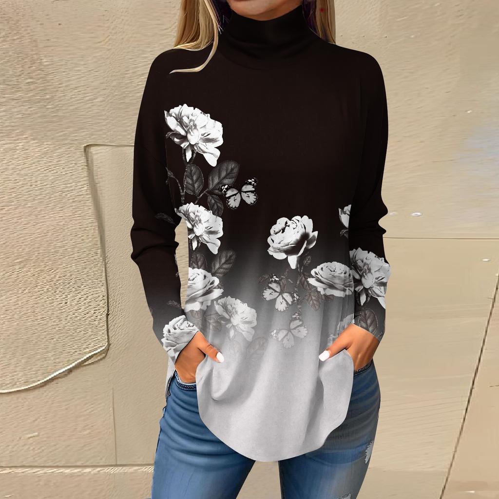 Tee Shirts For Women Fall Casual Long Sleeve Shirts Sweatshirt Vintage Printed High Neck Top Pullover