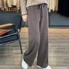 Wool Casual Pants Solid Color Straight Wide Leg Knitting Trousers with Drawstring High Waist Thickened Slacks
