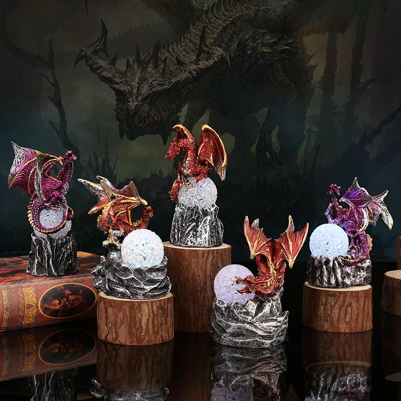 Dragon Egg Resin Ornament with LED Light Halloween Home Decoration Fly Dragon Night Light Sculpture Desk Accessories