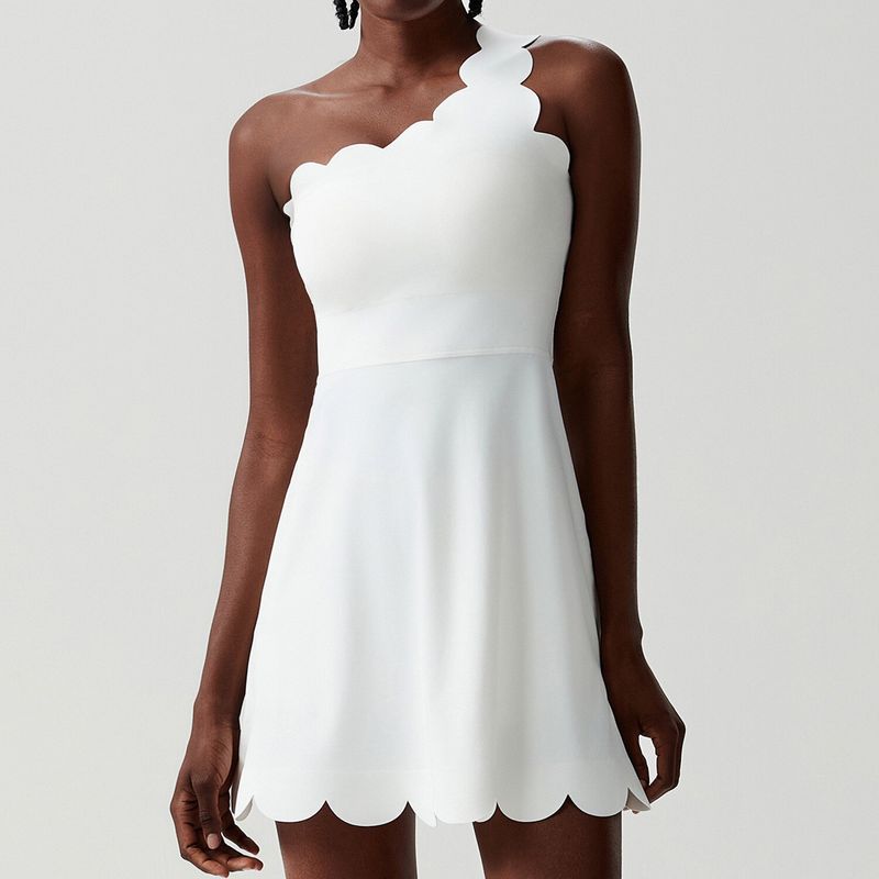 Wave One-Shoulder Tennis Dress for Women with Lace, Asymmetrical Shoulder, Beautiful Back, Sports Dress with Anti-Exposure Pockets, Fitness Dress