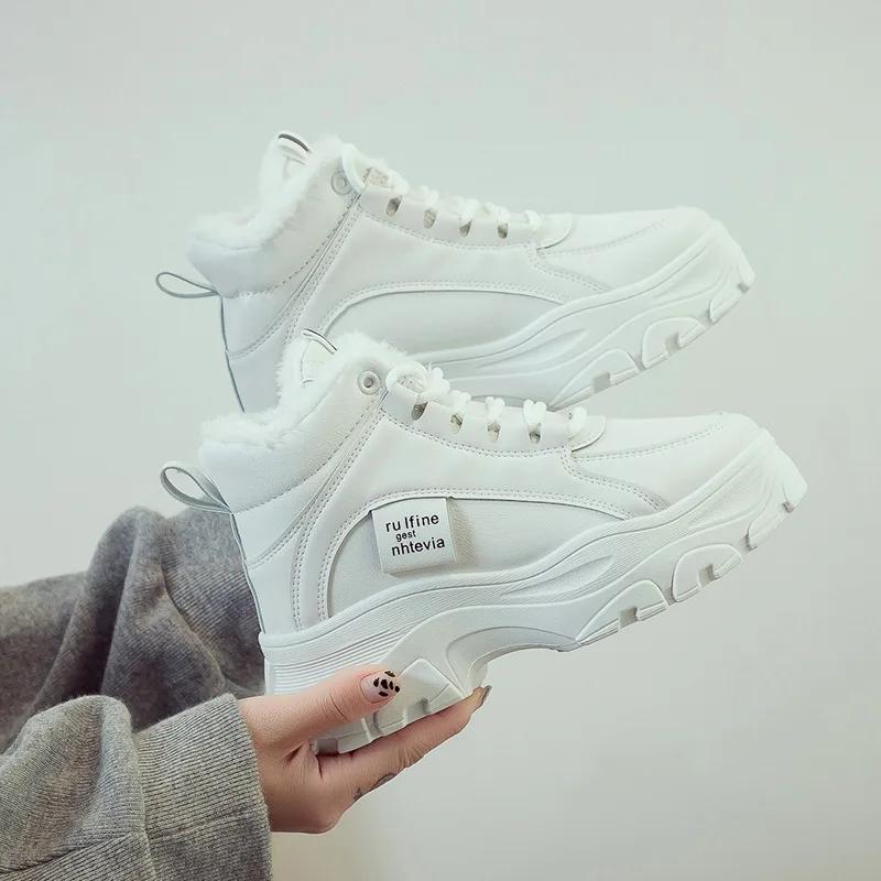 Зимняя обувь, женские ботинки на платформе, новинка 2024 года, массивные кроссовки, белые высокие повседневные туфли, дизайнерские модные плюшевые теплые женские ботильоны