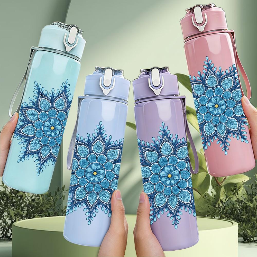 1PC Blue Snowflake Mandala Design 750ml Color Plastic Sports Water Bottle Leakproof Flip Straw Lid Suitable for Sports Office Home Use
