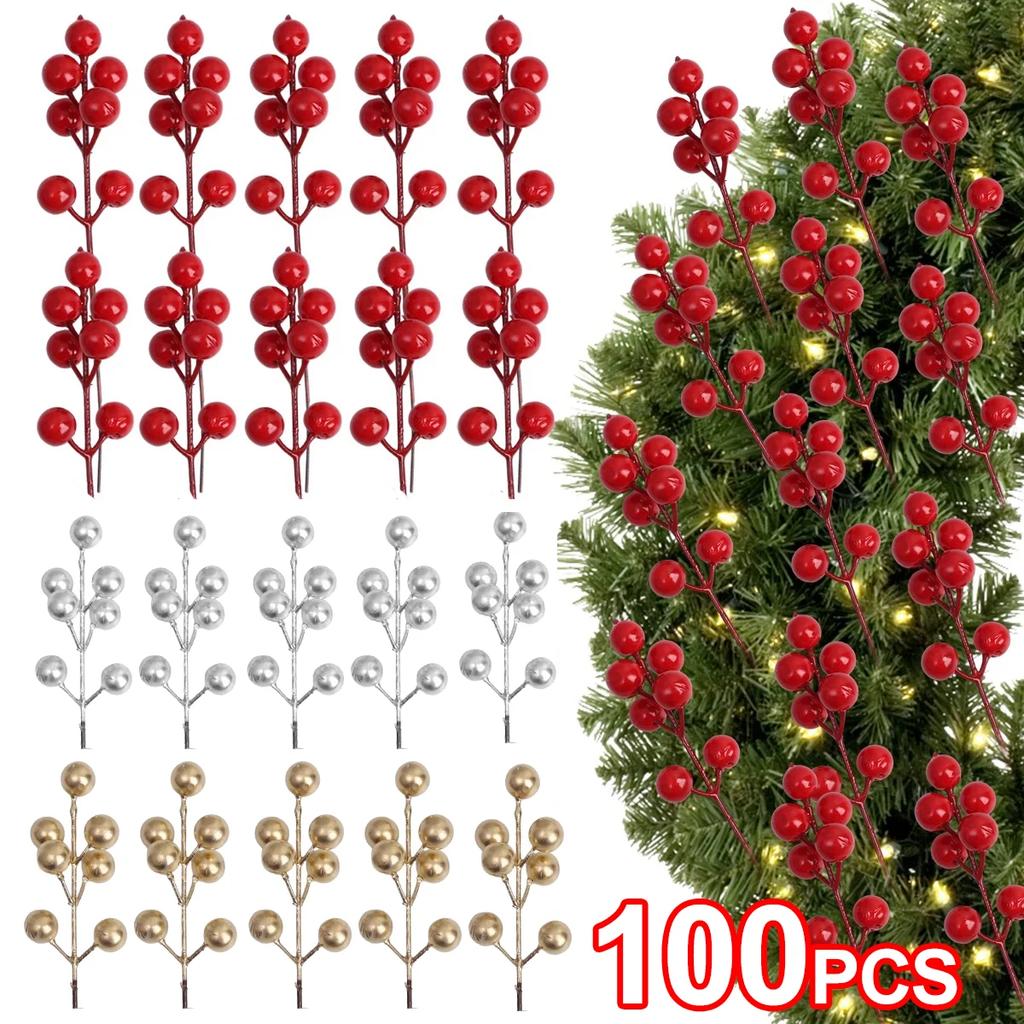 Artificial Berries Red Gold Silver Fake Berries Branch Cherry Stamen Christmas DIY Floral Wreath Ornament New Year Party Decor