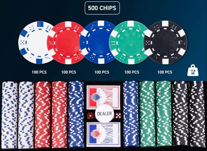 Набор для покера - серебристый металлический корпус - 500 фишек 11,5 г - 2 колоды карт - аксессуары включены