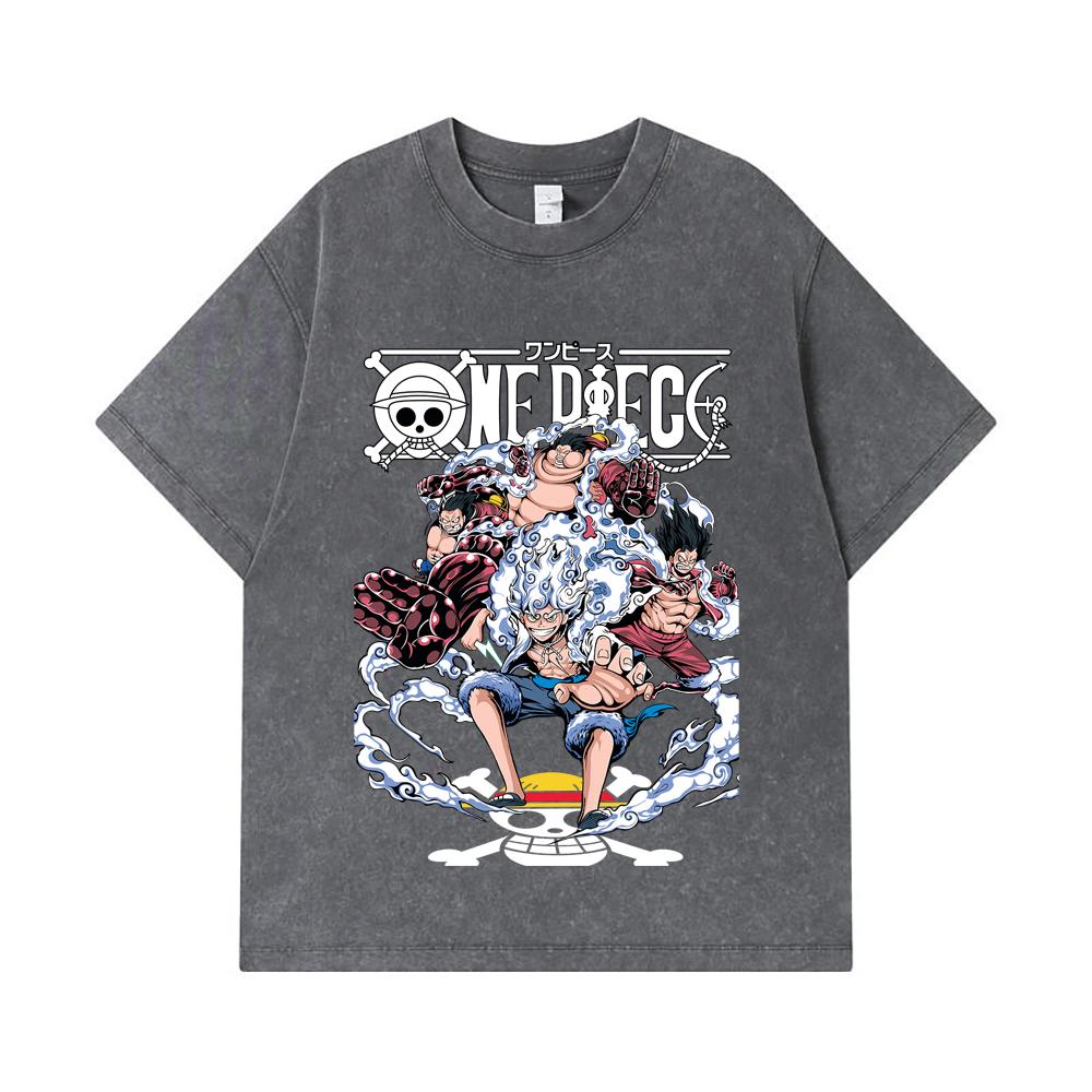 Стирка 275 г/м² Футболки 100% Хлопок One Piece V30 Принт Луффи Gears Унисекс Тяжелая Хлопковая Футболка