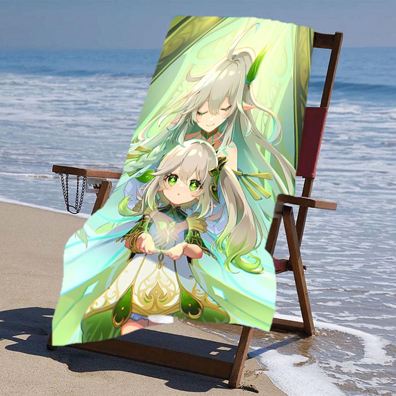 proof beach towel with a Genshin Impact characters5 pattern - soft,absorbent,quick-drying,machine washable - perfect for swimming,camping,bathing