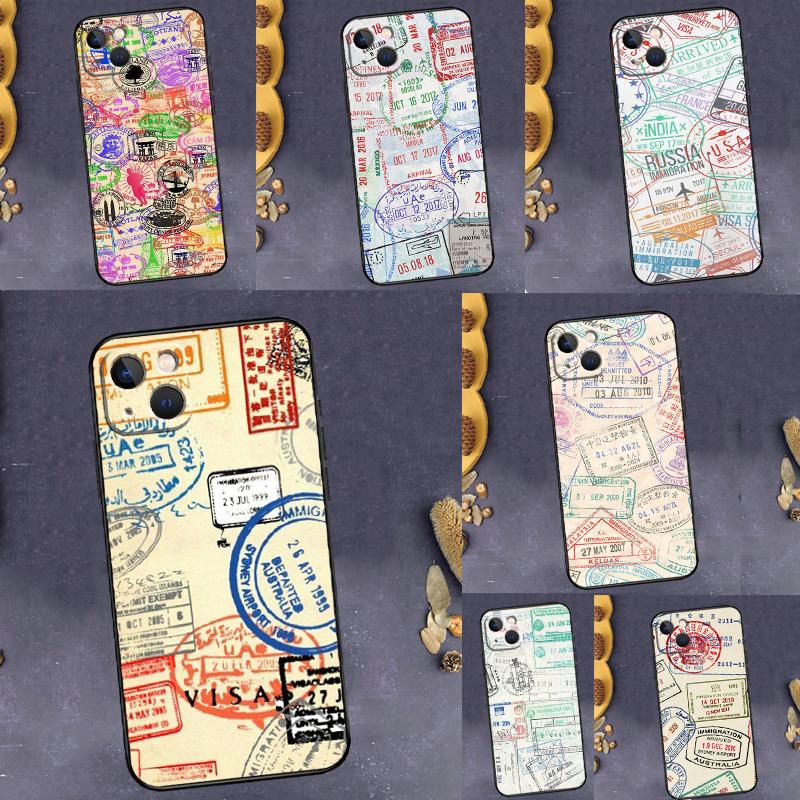 Retro Post Card Passport Stamps Phone Case For iPhone 16 15 13 12 11 14 17 Pro Max 13 mini 16 Plus 16e 17 Air Bumper Cover