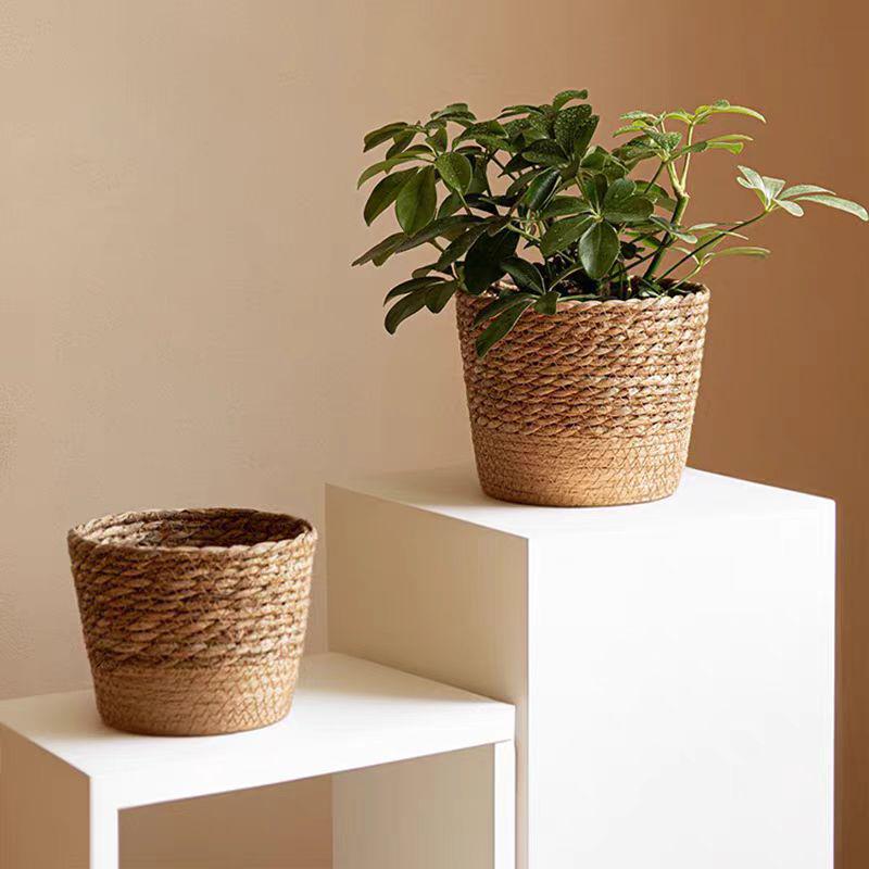 Nordic Natural Seagrass Woven Plant Basket - Handmade Rattan Flower Pot Cover for Home Decoration
