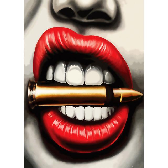 Sexy Woman Red Lip Bullets Dollars Prints Poster Canvas Painting Modern Wall Art Pictures For Living Room Bedroom Home Decor