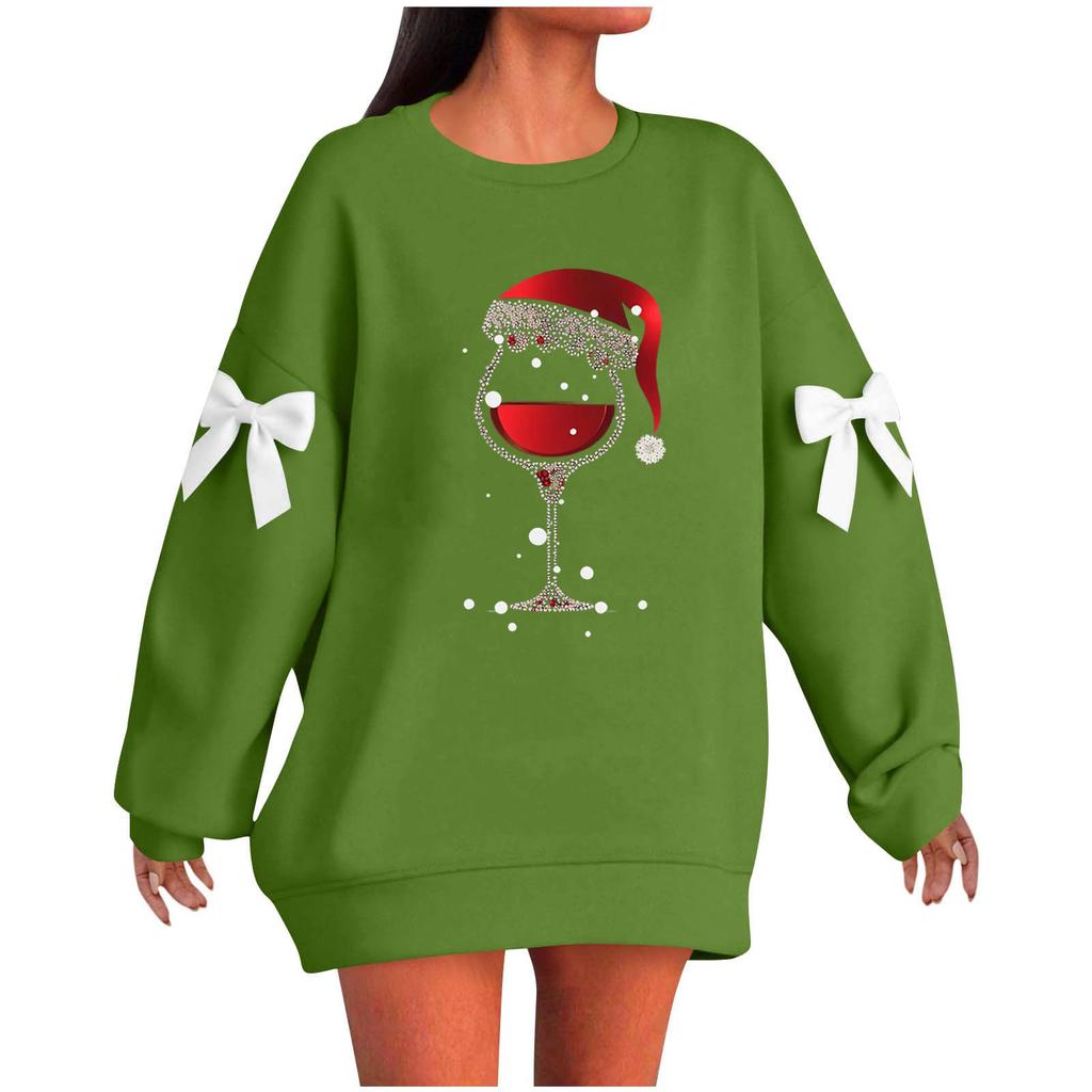 Ladies' Christmas Printed Bow Round Neck Long Sleeved Loose Pullover Sweater Sweatshirt Top