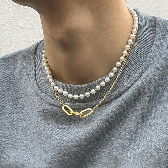 Мужское ожерелье, декоративное универсальное двухслойное колье-чокер с геометрическим искусственным жемчугом для повседневного ношения