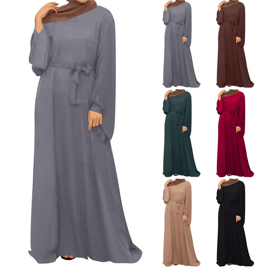 Muslim Women's Dresses Casual Long Sleeve Pullover Round Neck Hem Dresses