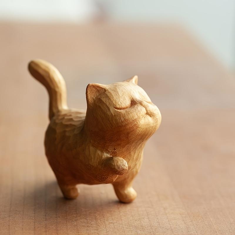 Cat Model Crafts Hand-carved Wooden Cat Statue Cute Tiny Cat Sculpture Cartoon Creative Animal Figurine Kids Gifts