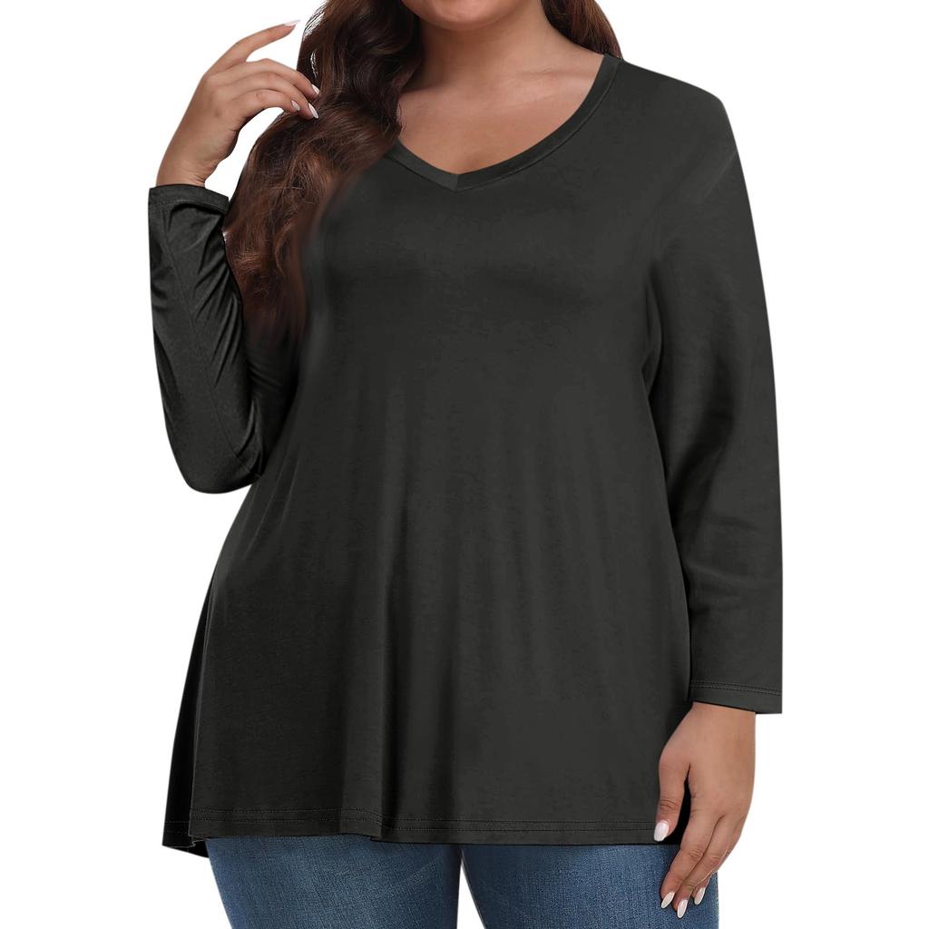 Womens Plus Size Tops Long Sleeve Shirts V Neck Casual Clothing Clothes Solid Color Tops