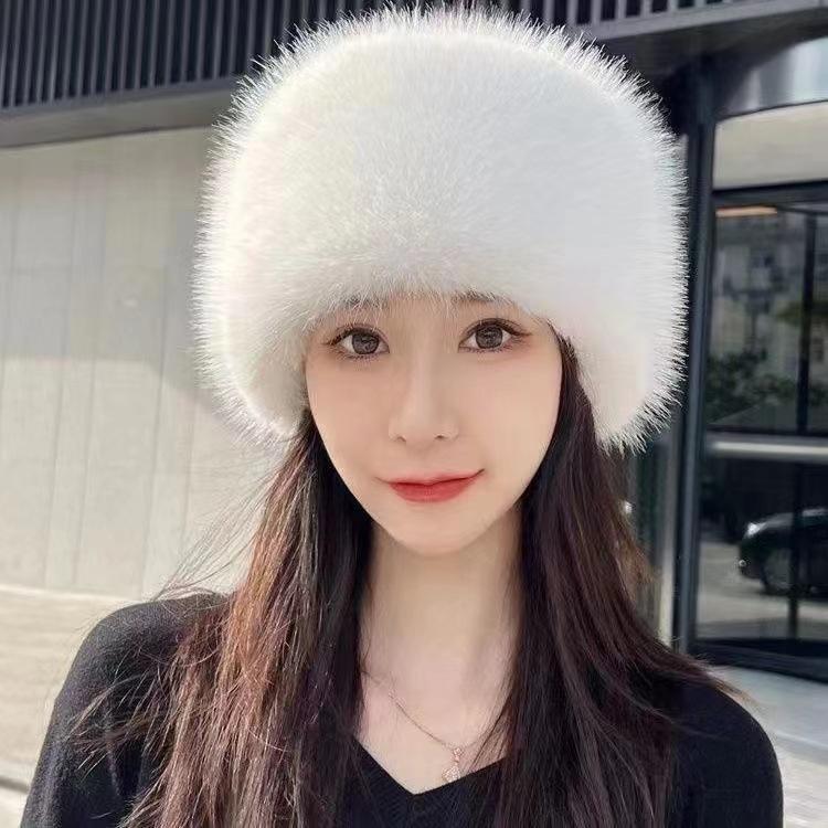 Imitation Fur Faux Fox Fur Flat Top Hat Plush Bucket Hat Thick Warm Double-ear Dome Fairy Hat