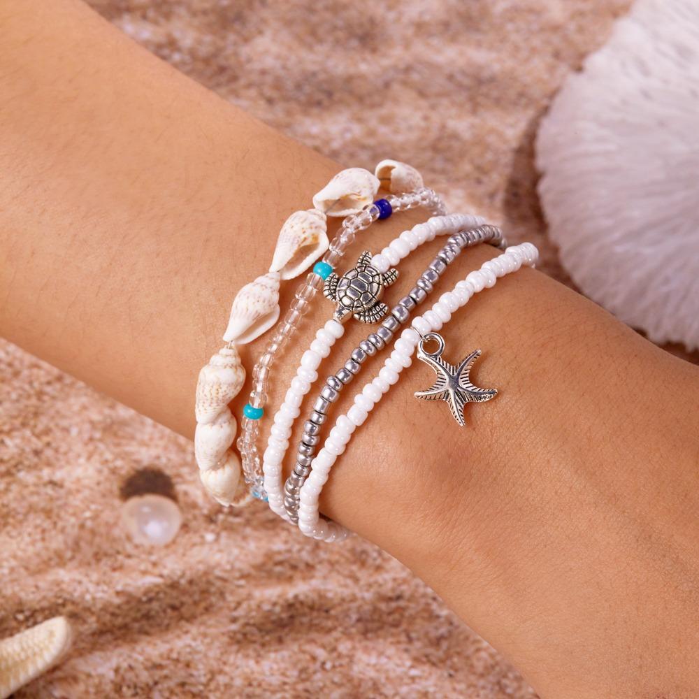 Colorful Ocean Style Hand Chain Sweet Bohemia Bracelet Set Vintage Starfish Shell Bracelet  Beach