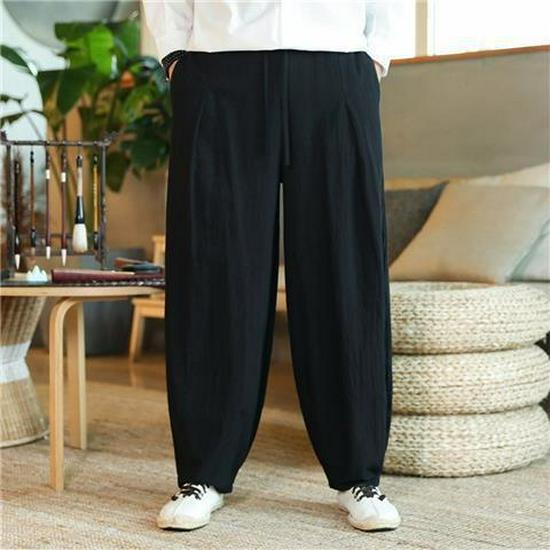 Мужские свободные шаровары из хлопка и льна с широкими штанинами