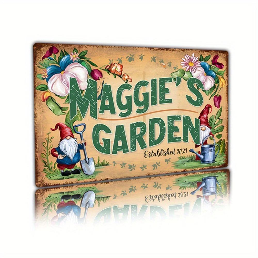 Персонализированная металлическая настенная табличка Maggie Garden, деревенская алюминиевая, с цветочным гномом, декор для дома