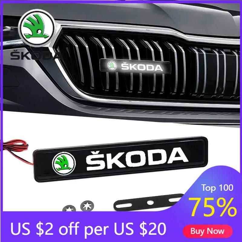 Car Sticker 2025 New 1/2PCS Car Decorative Light LED Front Hood Grille Emblem Badge Decor For Skoda Octavia Fabia RS Kamiq Kodia