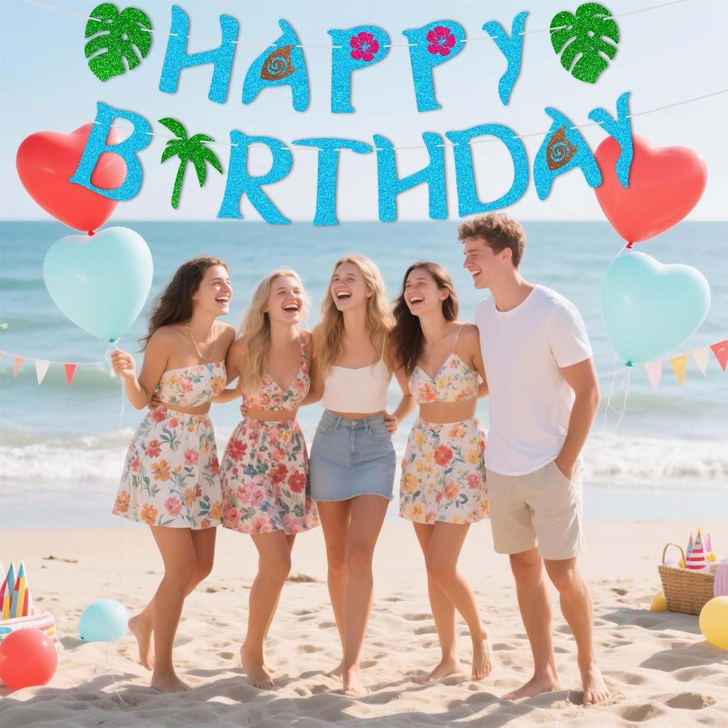 Happy Birthday Banner-Glitter Moana Birthday Decorations,Moana Party Decor for Moana Theme Decorations,Hawaiian Party Decorations Baby Shower Decor