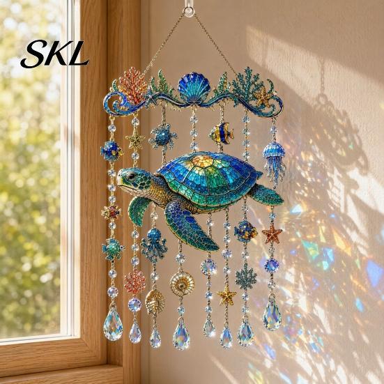 Crystal Bead Hanging Ornament Ocean Animal Acrylic Window Hanging, Stained Glass Style Sea Turtle Whale Dolphin Suncatcher Waterproof Wind Chime with