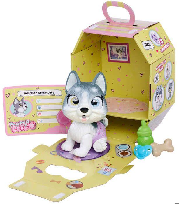 Smoby - Pamper Petz - Husky à adopter - 4 accessoires - Articulé - Bois et fais pipi - Certificat d'adoption - Dès 3 ans