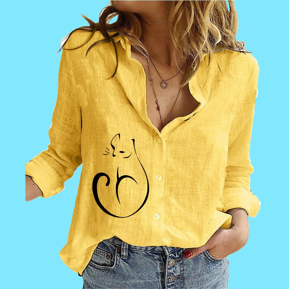 Women Fashion Long Sleeve Blouse Ladies Stand Neck Printed Top Casual Cotton Linen Buttoned Shirt