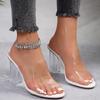 Foreign Trade Large Size Women's Shoes Summer New European and American Fashion Square Head Word Transparent Wine Glass High Heel Cool Slippers Women