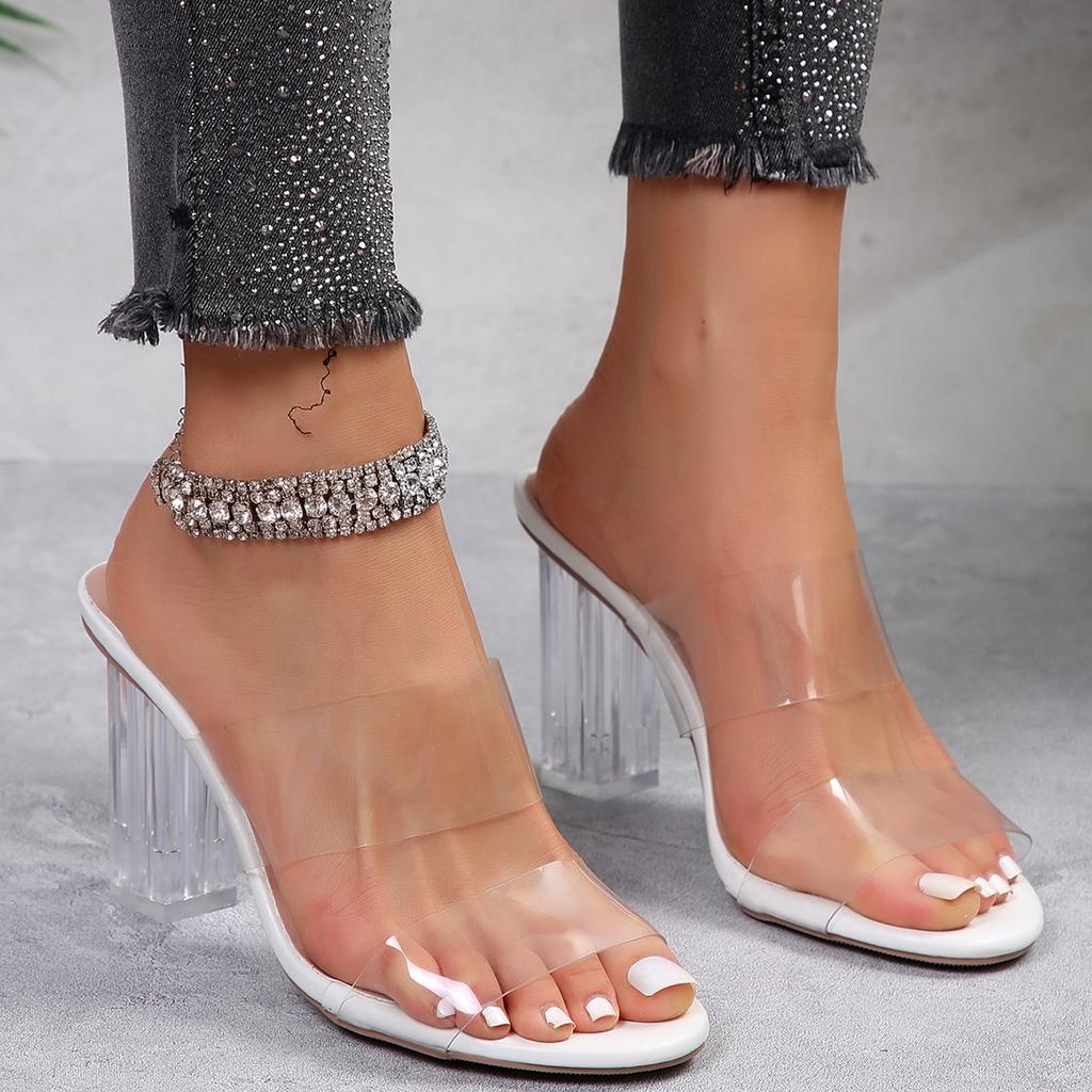 Foreign Trade Large Size Women's Shoes Summer New European and American Fashion Square Head Word Transparent Wine Glass High Heel Cool Slippers Women