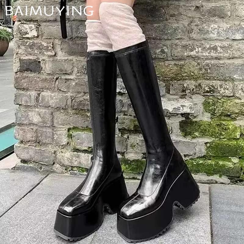 Сексуальные высокие сапоги женские на платформе высокие каблуки кожаные туфли женские трендовые зимние новые панк-ботинки до колена мотоциклетные ботинки женские