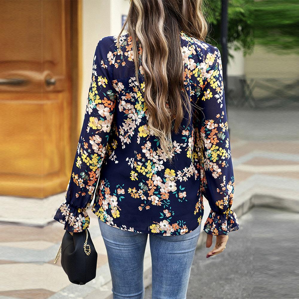 Женские осенние полувысокие блузки с рукавами-фонариками, темпераментные пригородные блузки с цветочным принтом, топы