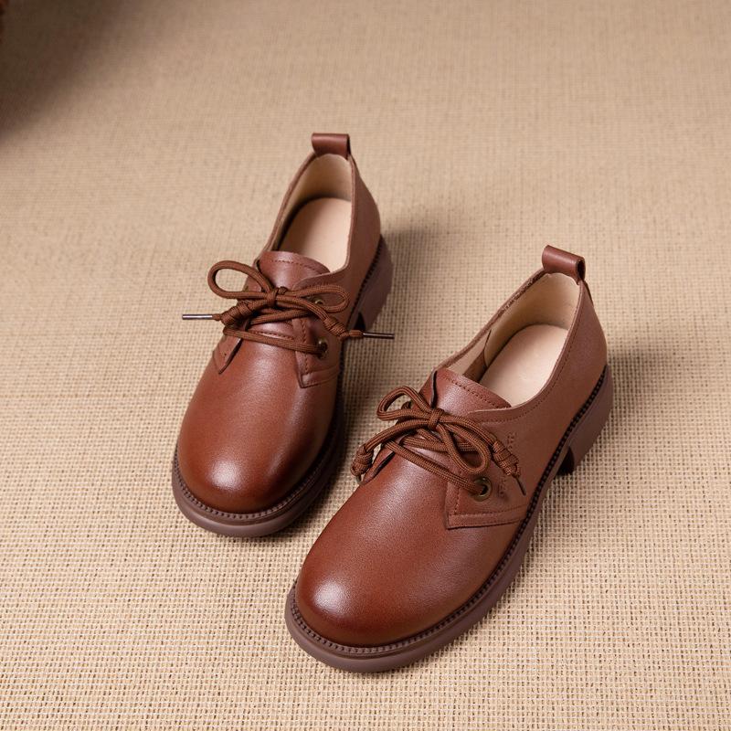 First Layer Cowhide Loafers Women's Autumn New Genuine Leather New Soft Sole Soft Surface Lace-up Flat Bottom Work Shoes Small Leather Shoes