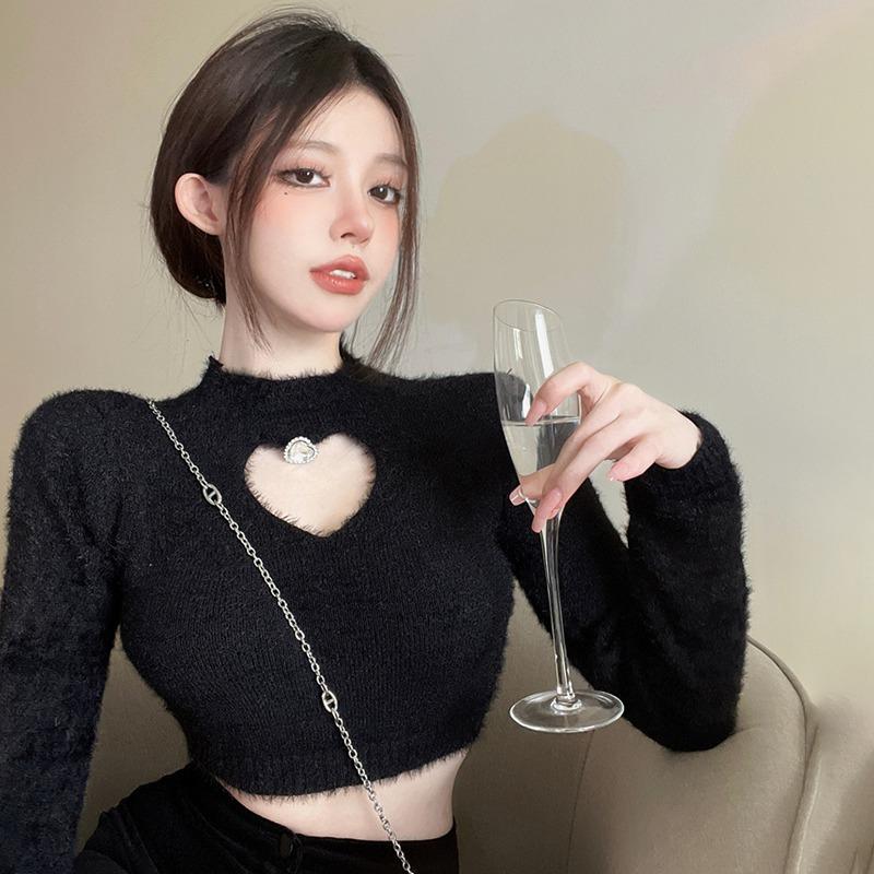 Женская трикотажная плюшевая футболка с круглым вырезом и длинными рукавами, однотонный универсальный укороченный топ в форме сердца