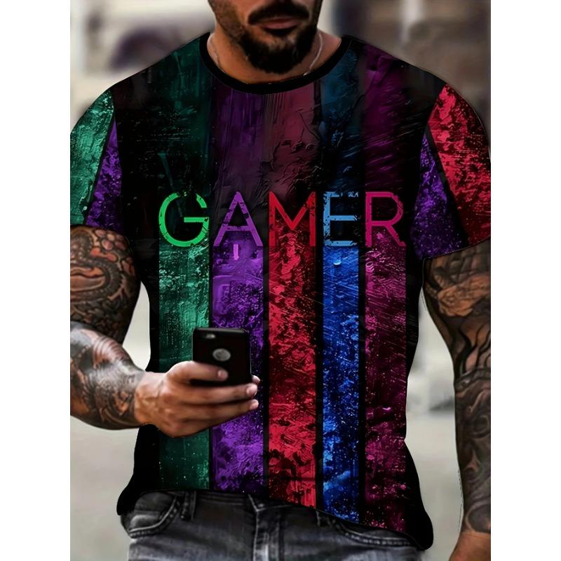 Men's T-Shirt Artistic Color Entertainment Game Controller Pattern Splicing 3D Printed Casual Short Sleeved Fashionable Clothes