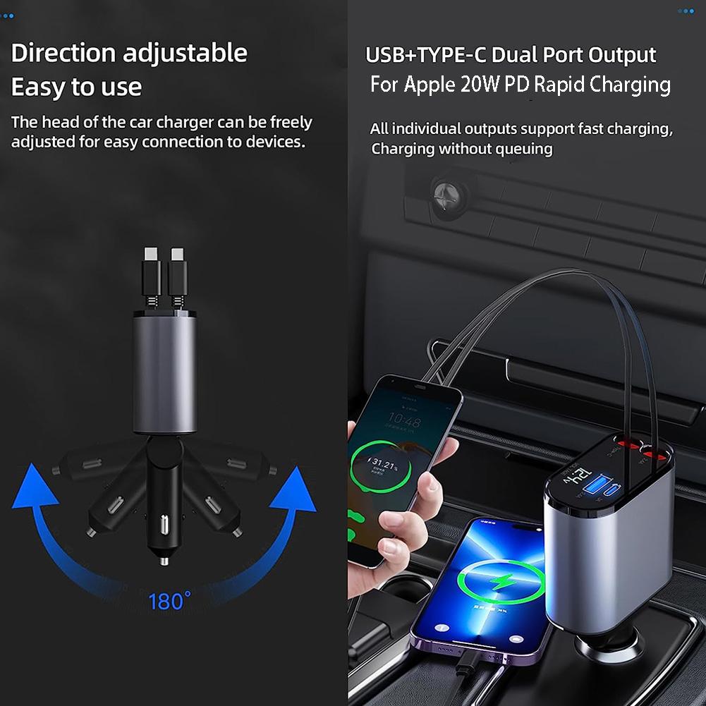120W 4 IN 1 Retractable Car Charger USB Type C Cable For IPhone Fast Charge Cord Cigarette Lighter Adapter