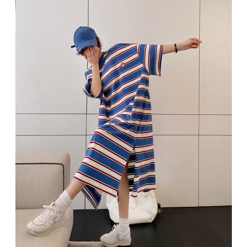 Dimanaf 2025 Летнее платье больших размеров для женщин, свободное, с коротким рукавом, в мягкую полоску, повседневное, базовое, большого размера, длинное платье