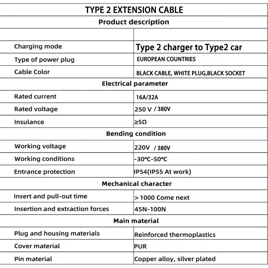 WUFEN Type 2 Extension Cable 3.5KW 7KW 11kW 22kW for Portable Charger Wallbox Charging Station Charger with Type 2 Charging Plug