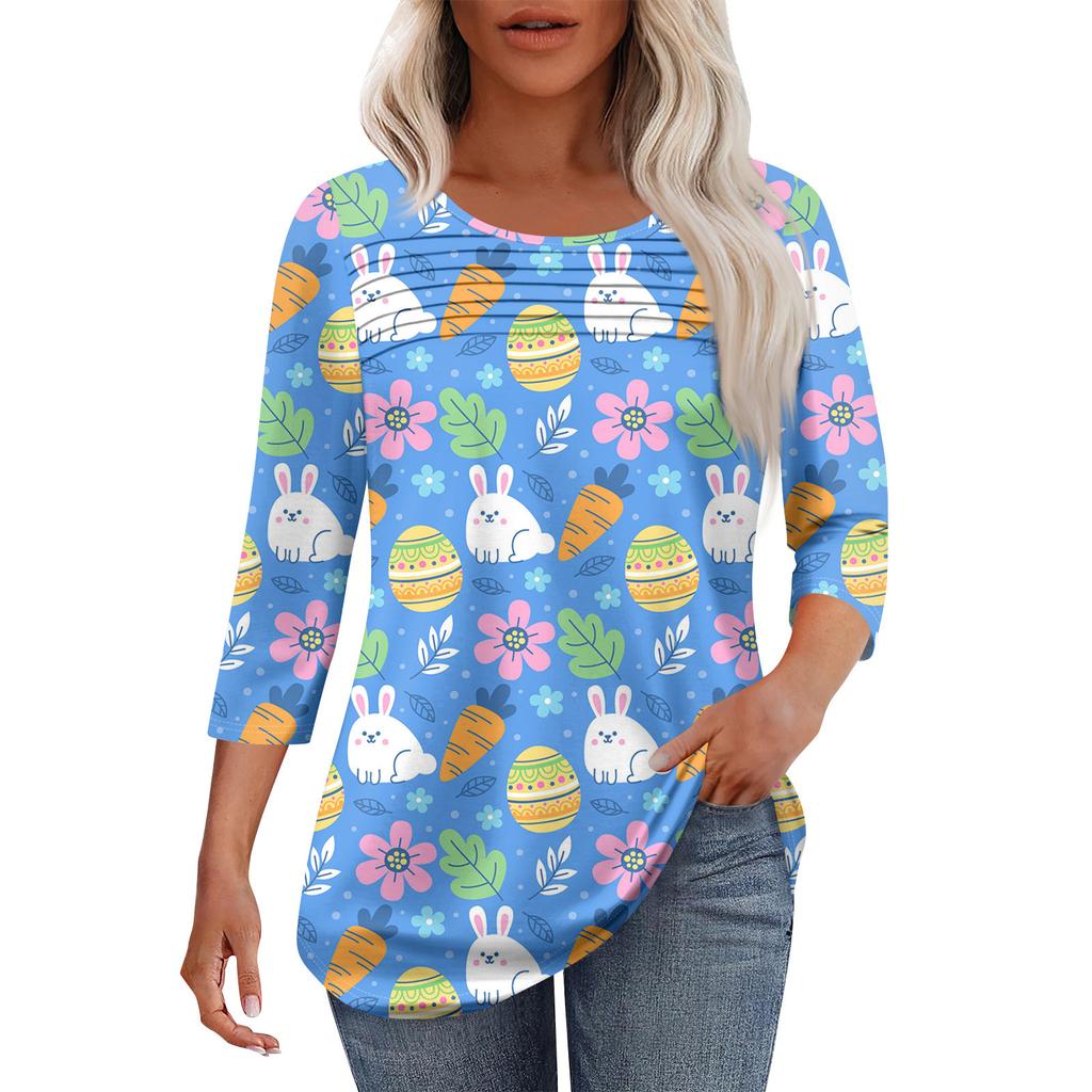 Женская мода круглый вырез шея плиссированная передняя планка с принтом рукав 3/4 топ