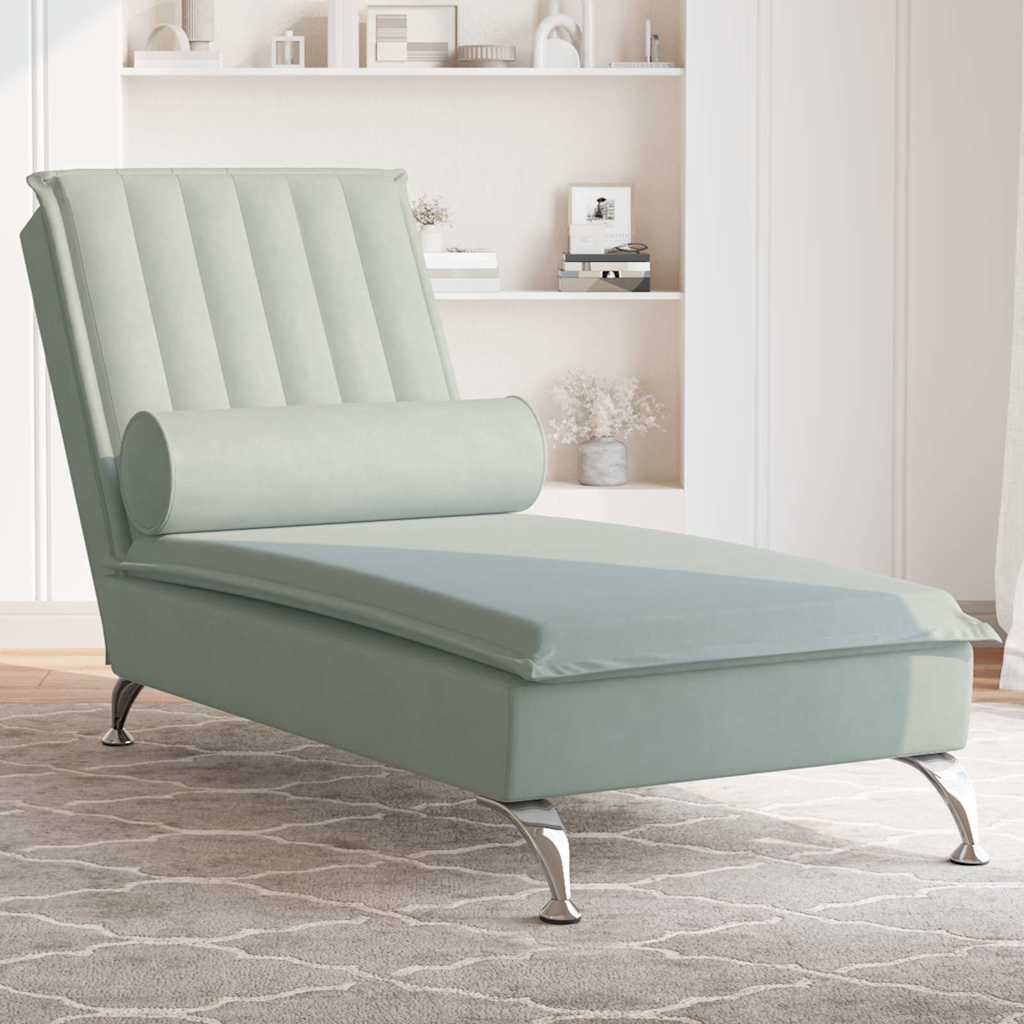 Massage Chaise Lounge with Neck Roll Light Grey Velvet