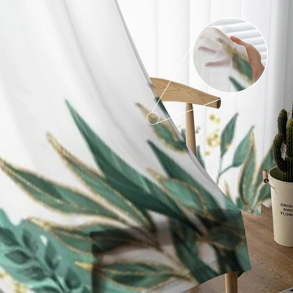 Summer Plants Green Leaves Sheer Window Curtains For Living Room Bedroom Modern Voile Tulle Curtains Fabric Drapes For Kitchen