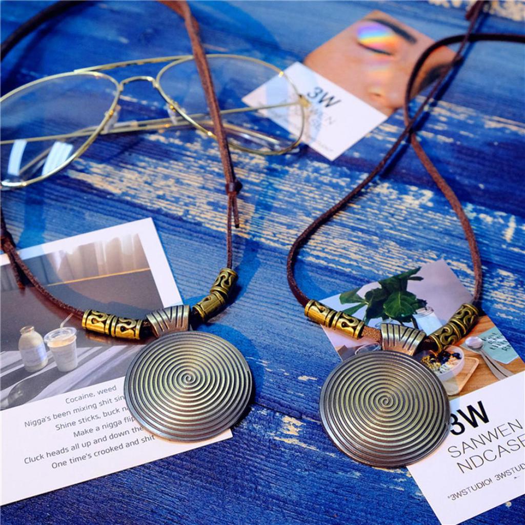 H&B Store Vintage Women's Ethnic Faux Leather Spiral Disc Round Pendant Sweater Necklace