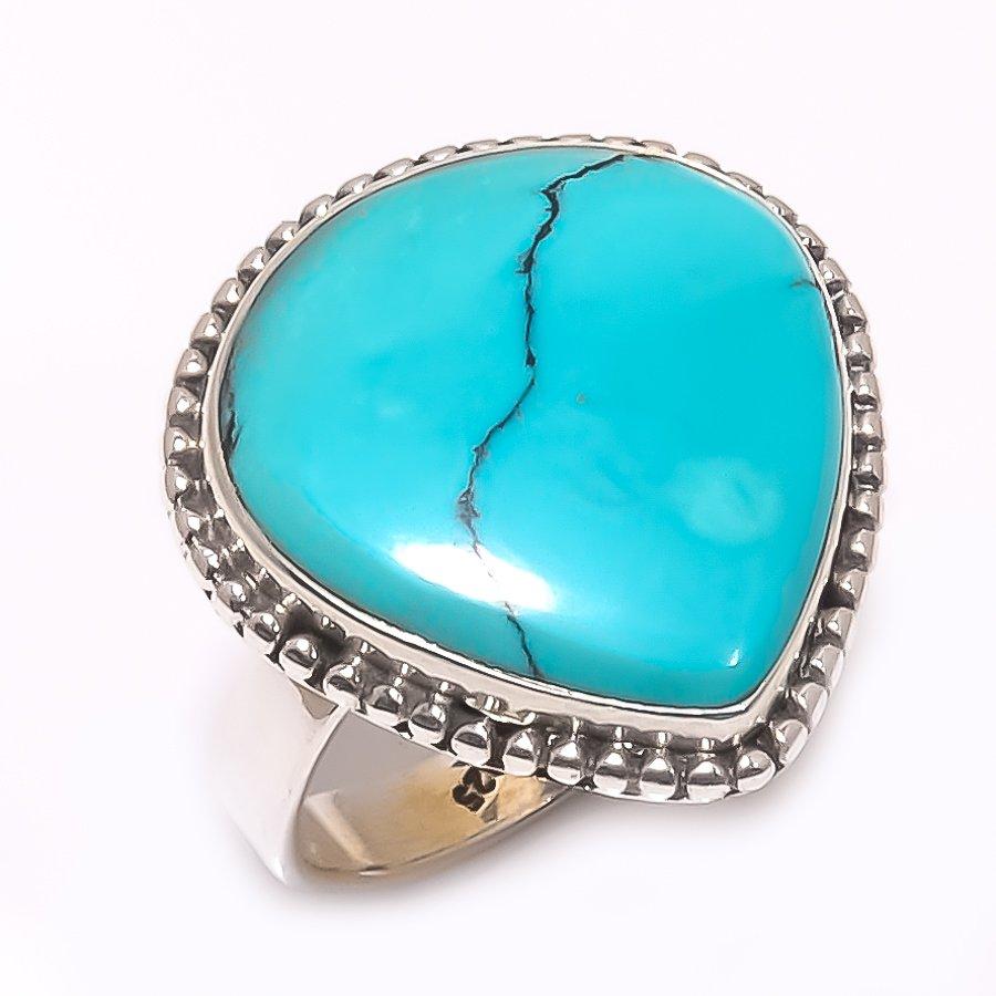 Подарочное кольцо из чистого серебра 925 пробы с натуральным тибетским бирюзовым камнем S.8 V0Q28
