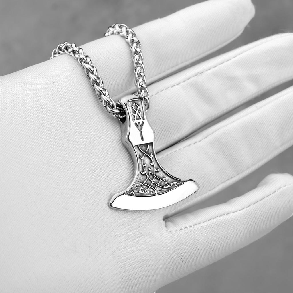 Stainless Steel Vikings Rune Axe Necklace Men's Nordic Fashion Thor's Hammer Pendant Necklace Punk Amulet Jewelry Wholesale Gift