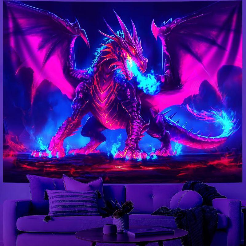 Psychedelic Neon Dragon Wall Tapestry UV Fluorescent Wing Fire Dark Fantasy Gamer Teen Boys Room Hanging Cloth Decor