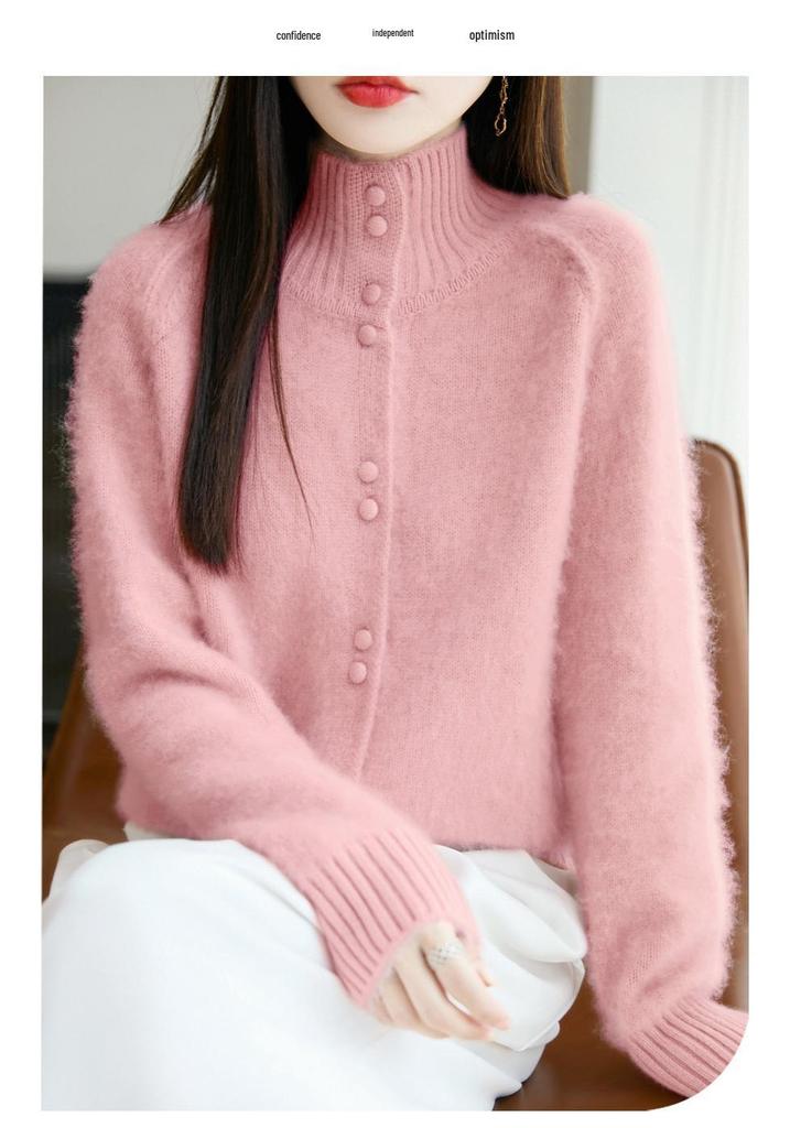 Women's Solid Color Wool Cardigan - High Neck, Long Sleeve, Loose Fit Sweater