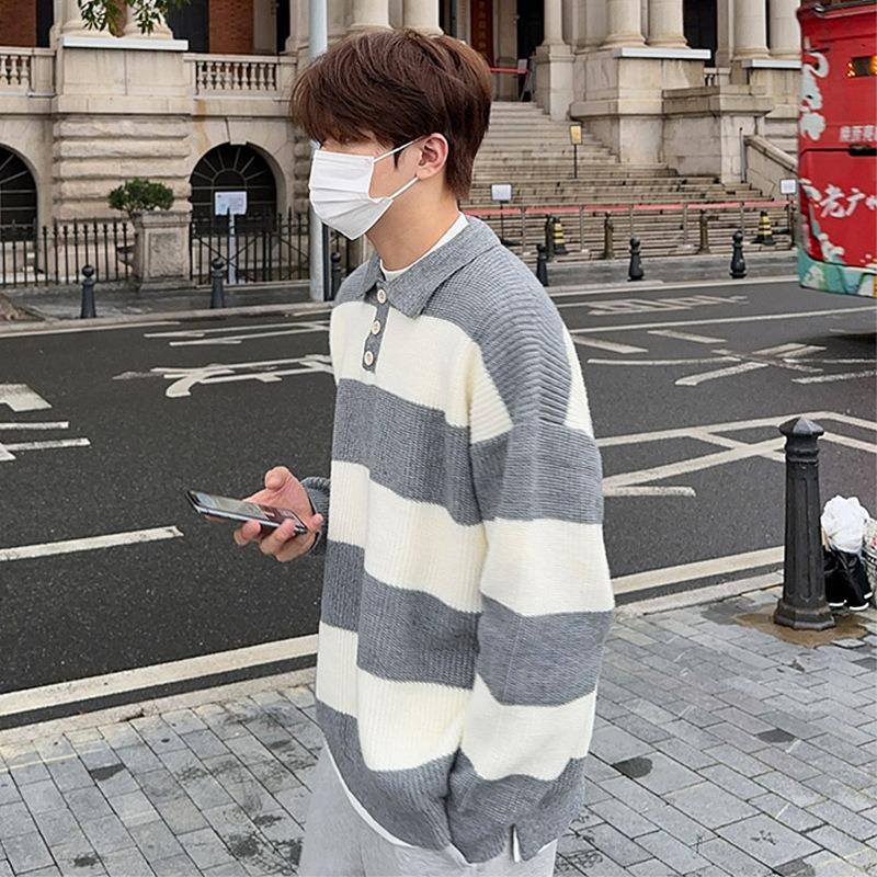 Mens Loose Lazy Style Striped Turn Down Collar Polo Knit Sweater Outerwear