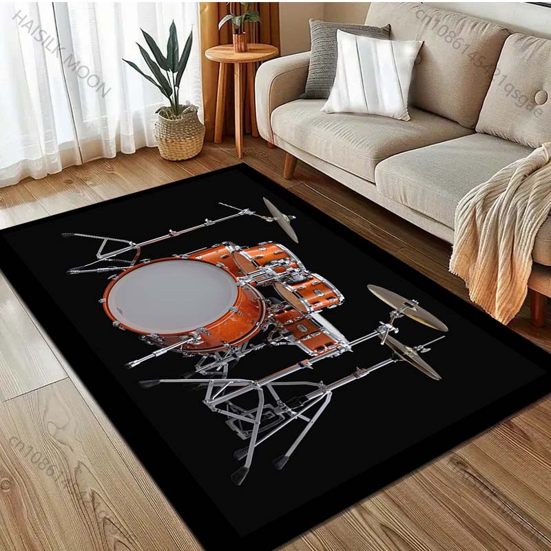 Cool Golden Drum Set Print Carpet for Living Room Bedroom Bedside Sofa Table Floor Mat Home Area Rug Decor Large Size MusicLover