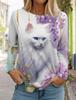 2024 Осень и зима Женская футболка с длинным рукавом с 3D-принтом и милым принтом котенка, женская уличная одежда с круглым вырезом и длинным рукавом