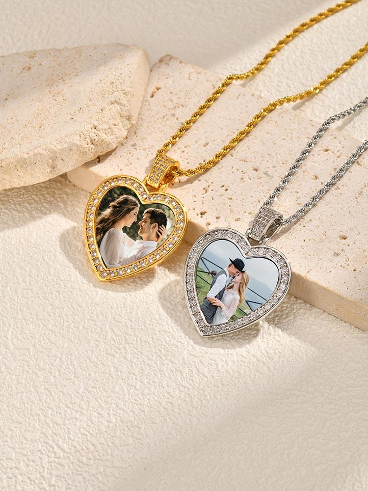 Sparking Inlaid Zircon Heart Locket Pendant Custom Photo Picture Necklace Personalized Jewelry Lover Friend Family Gift